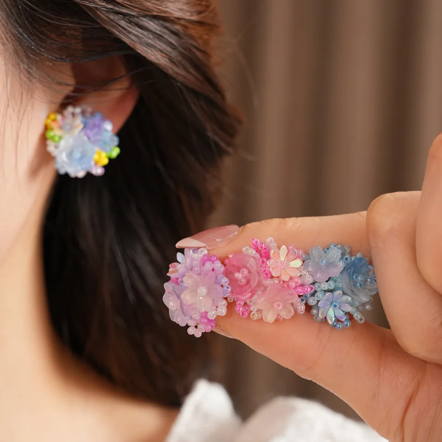 Multi Color Resin Flower Clip Earrings for Women Handmade Glass Beads Ear Clips Non-Piercing Leisure Holiday Ear Ornaments
