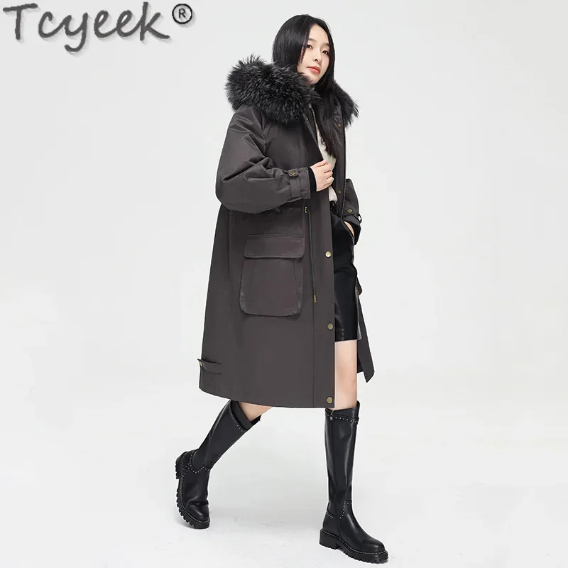 Cappotto Tcyeek da donna nuovo 2024 inverno caldo staccabile Rex Rabbit Liner Jacket abbigliamento donna collo di pelliccia di procione Parka allentato