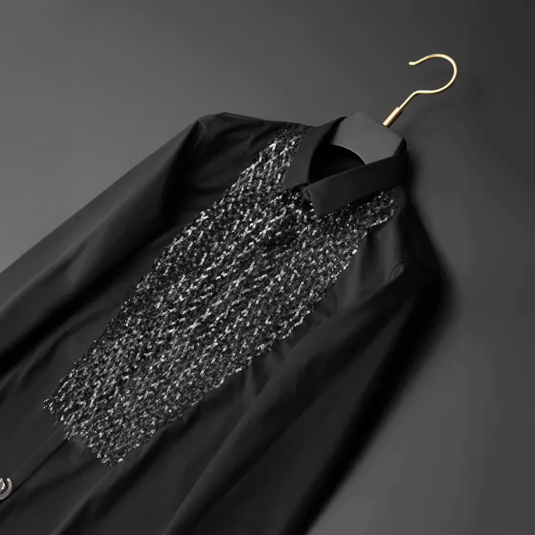 

Brand Sequins Shirts Men Cotton Long Sleeve Slim Business Formal Dress Shirt Star Stage Social Party Blouse Men Clothing 2024