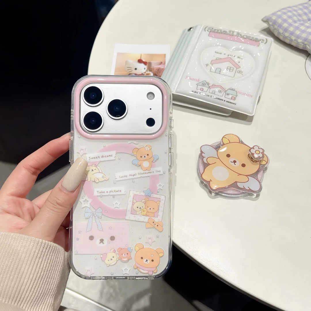 

Family Couple Angel Bear Magnetic Stand Phone Case For iPhone 17 16 15 14 Pro Max Cover with Magsafe Holder Cute Cases Fundas﻿﻿