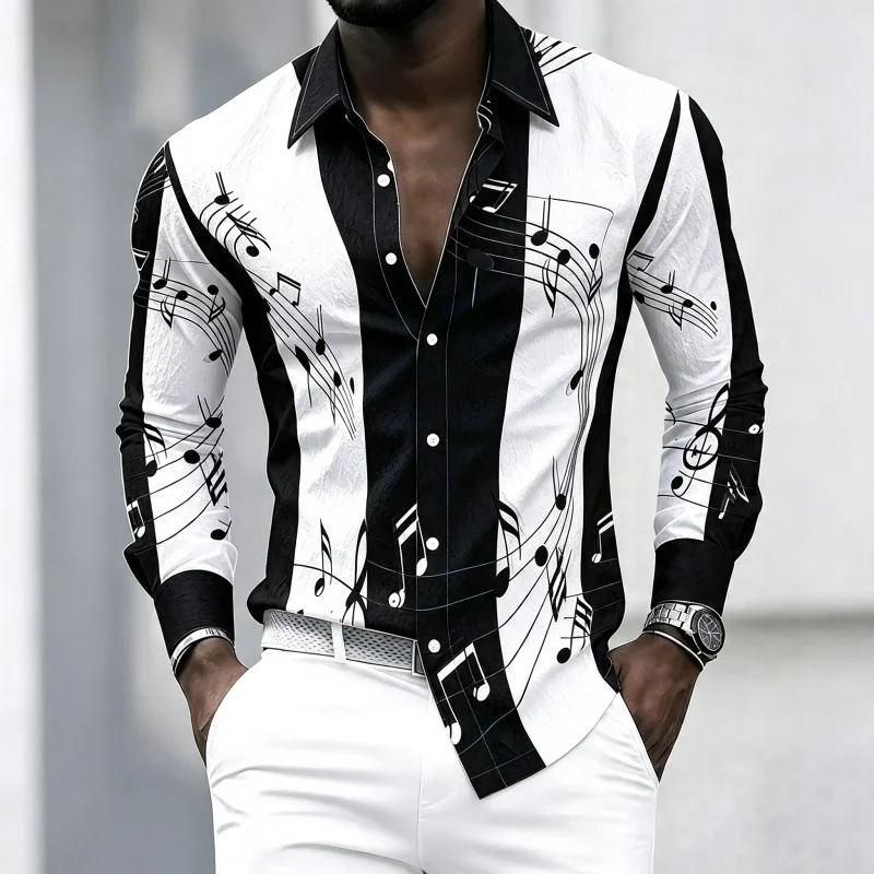 Camisa con cuello para hombre con estampado creativo de notas musicales, top informal de manga larga a la moda para uso diario, citas y salidas.