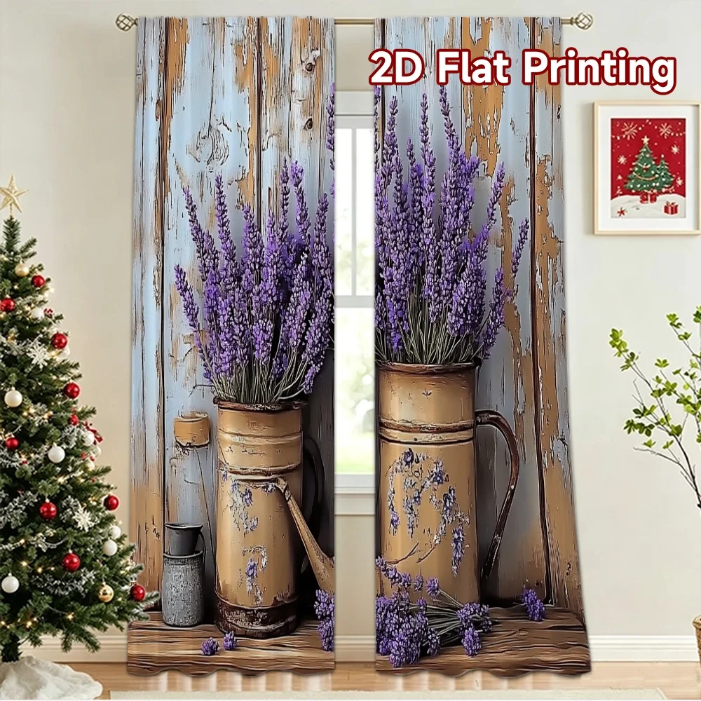 2D flat 2pcs Curtain Country Style Rustic Lavender Watering Cans Durable polyester fiber Festive Holiday for Home & Party
