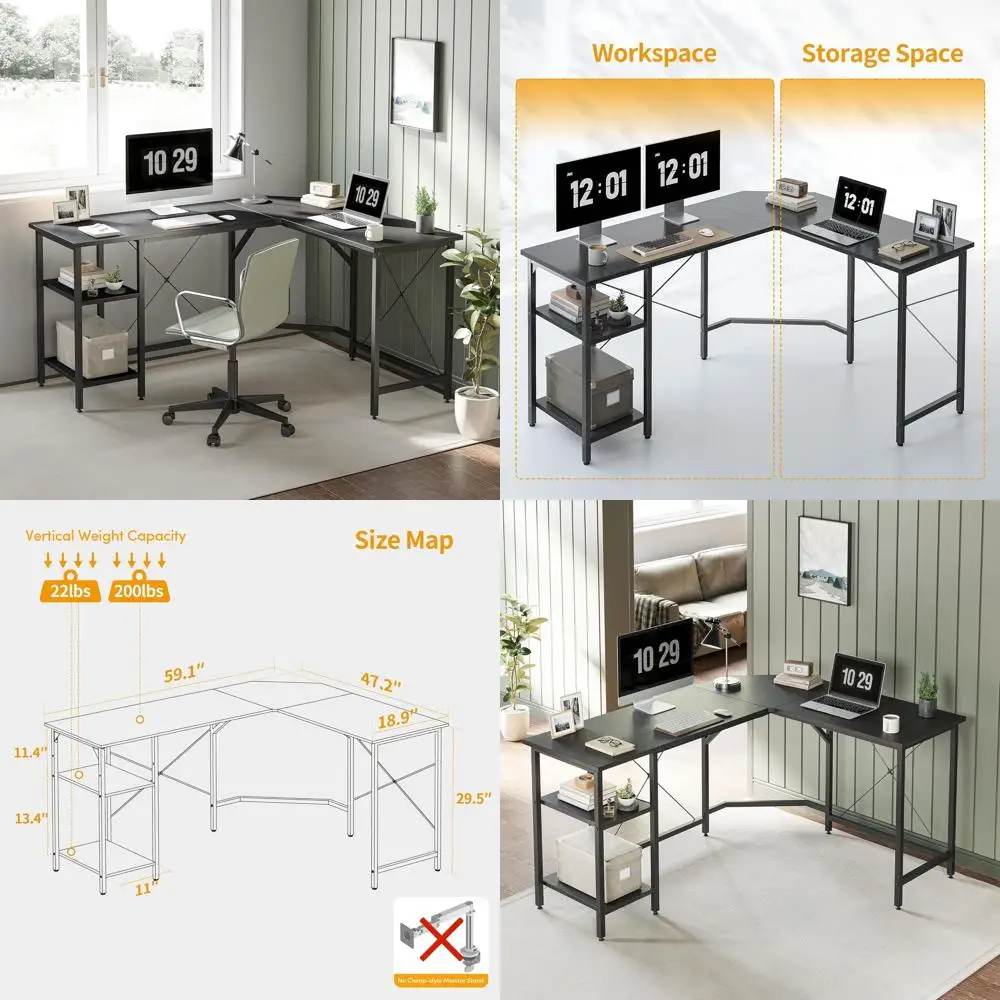 

L Shaped Desk, 59.1 Inch Reversible Corner Desk with Storage Shelves, Home Office Desk for Writing Gaming Study, Modern Black