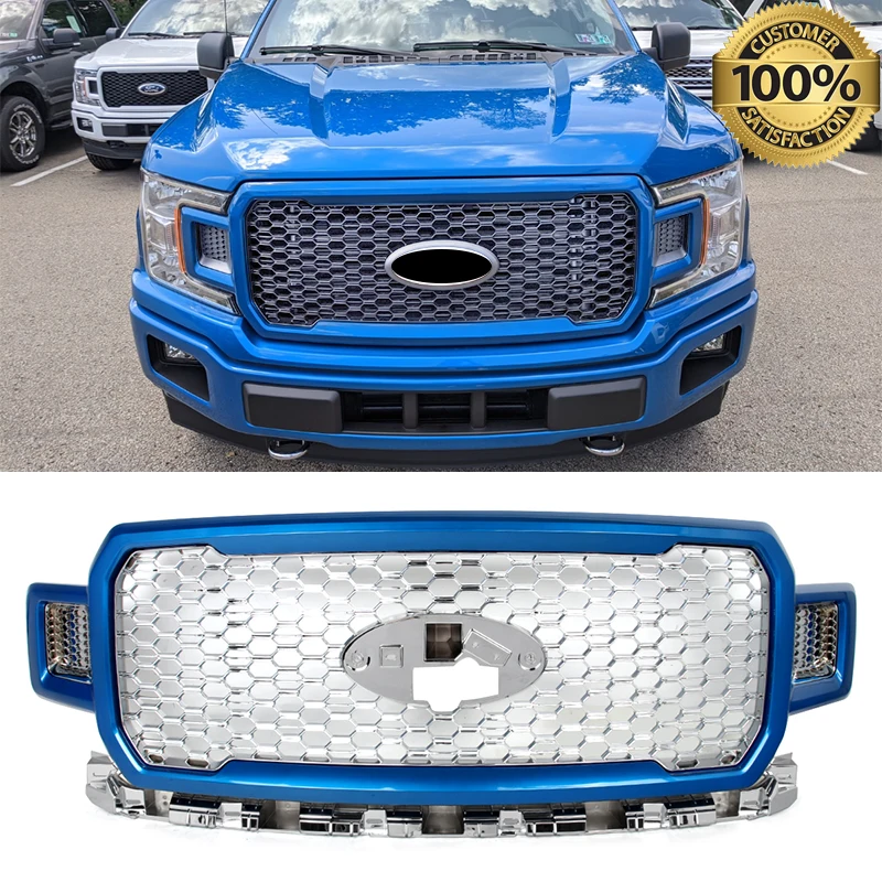 

Honeycomb Front Grille Modified Grill Fit For 2018-2020 Ford F150 XL XLT Front Bumper Upper Grille Assembly Velocity Blue+Chrome