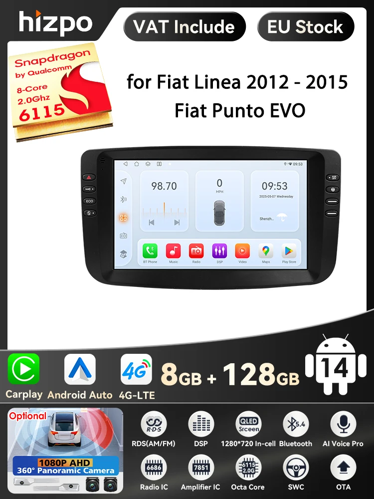 9 Zoll Carplay 4G 2 Din Android 14 Autoradio für Fiat Linea 2012–2015 Fiat Punto EVO Multimedia Video Player Navi GPS DSP WIFI