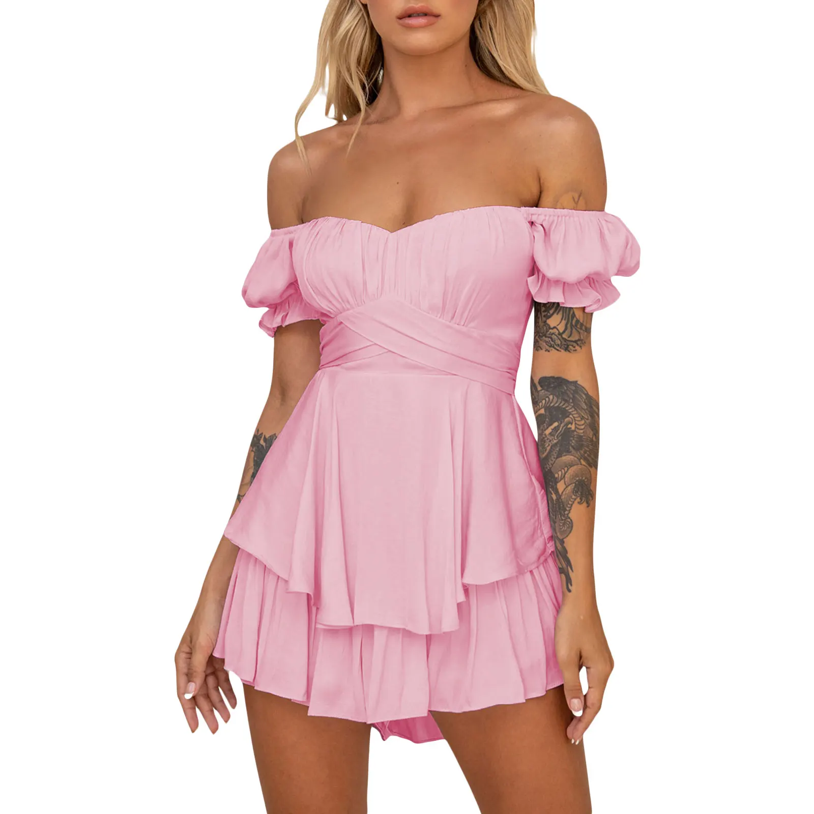 Solid Ruffles Playsuits Women Sexy Off Shoulder Short Sleeve Skinny Zipper Shorts Jumpsuits Female Casual Rompers Overalls