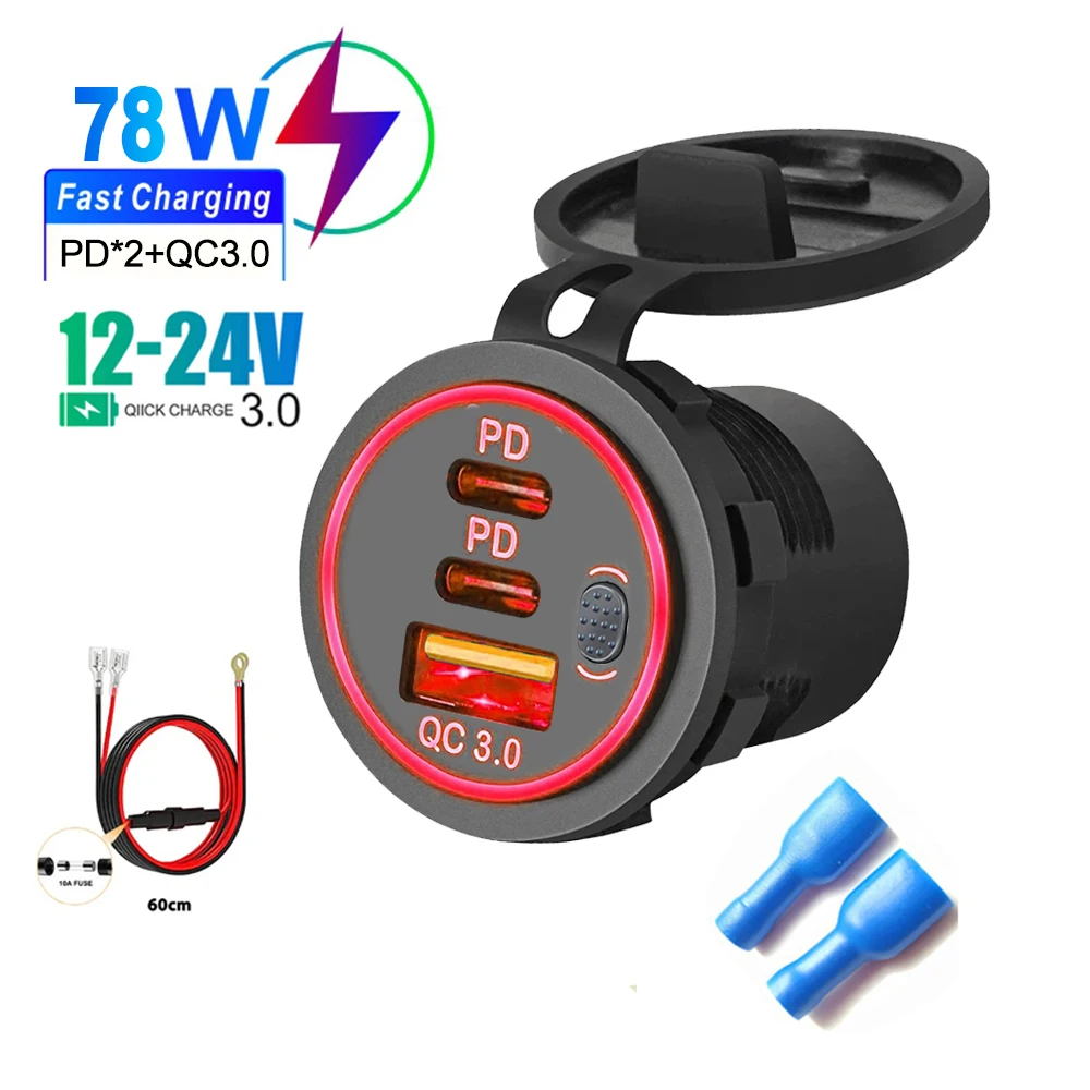 

115W USB Car Charger Socket PD3.0 & QC3.0 Type-c Ports Waterproof with Touch Switch 12V/24V Fast Charging Car Moto Adapter