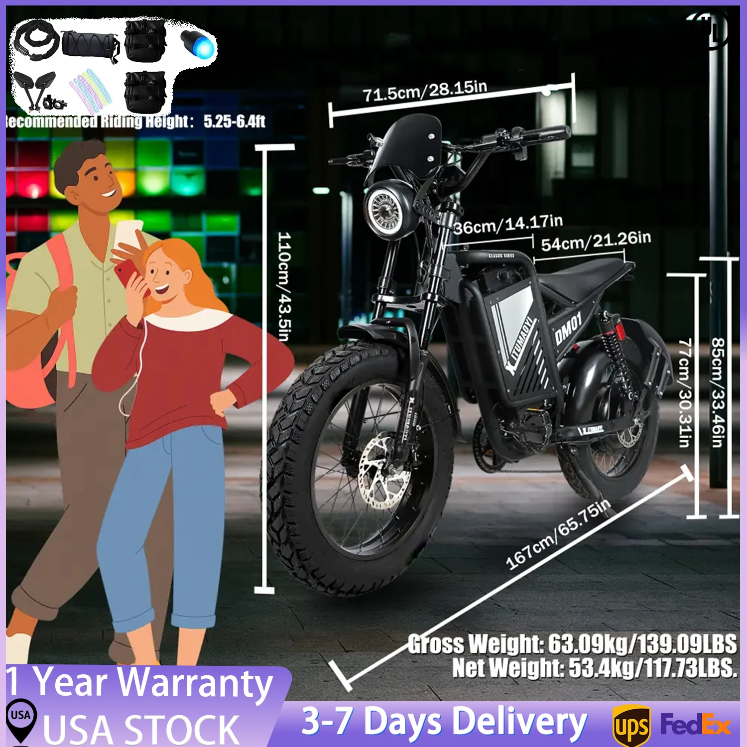 

BAOLUJIE DM01 Electric Motorcycle 2000W Moto Electric Bicycle 60V30AH Battery Color Display 42 MPH EBike UL2849【1 Year Warranty】