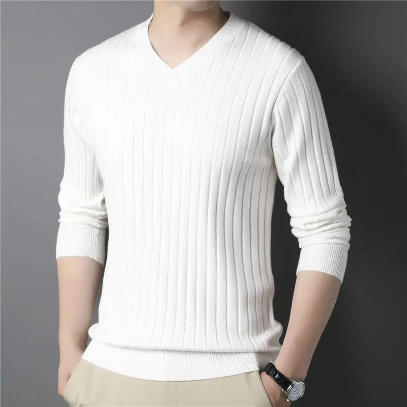 Autumn Winter Fashion V-neck Long Sleeve Pullovers Men's Clothing Thread Solid Knitting All-match Simplicity Korean Tops JJ782