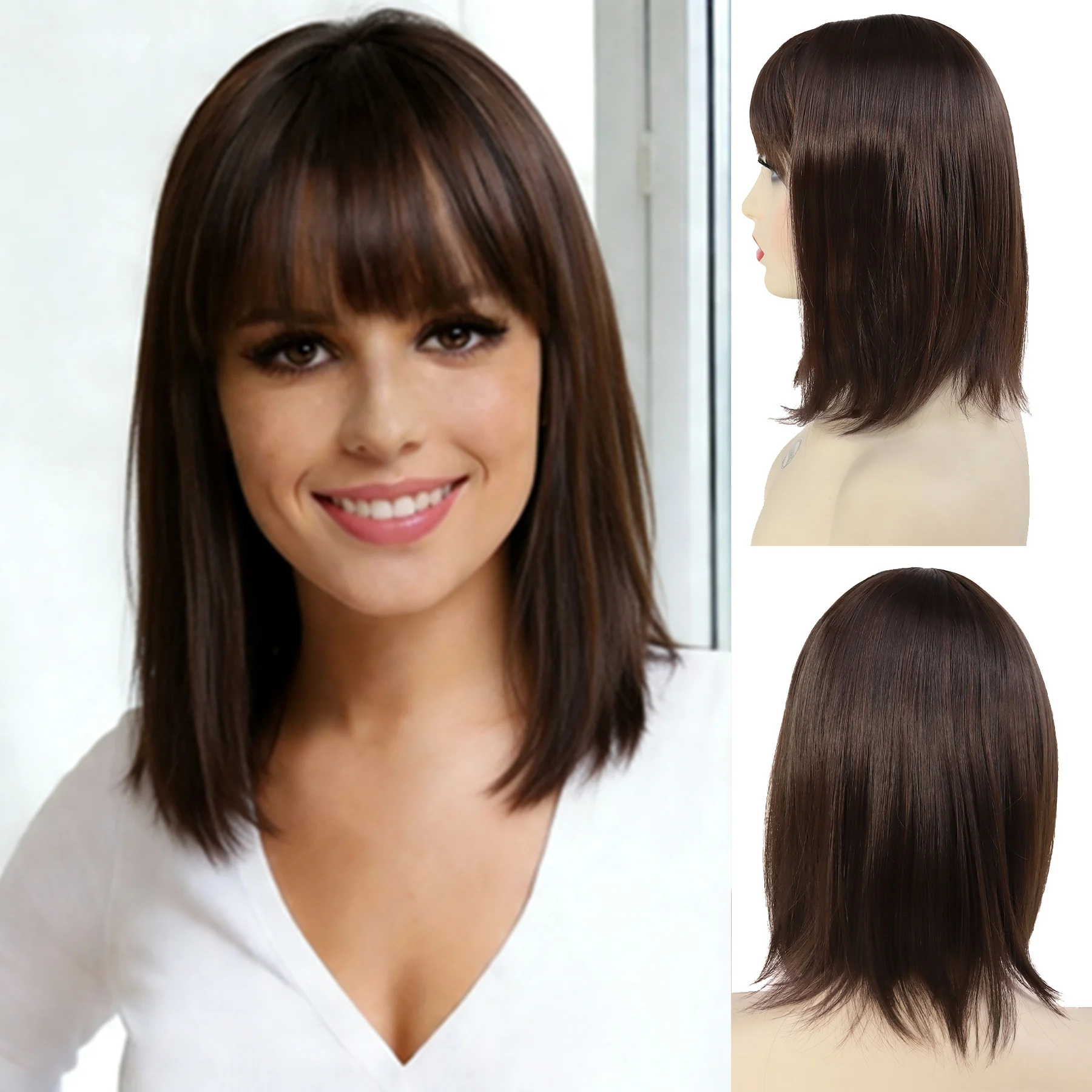 

Синтетические коричневые парики для женщин, короткий прямой парик с челкой, для повседневной носки, косплея, костюмированных вечеринок, естественный вид, парик для пожилых женщин