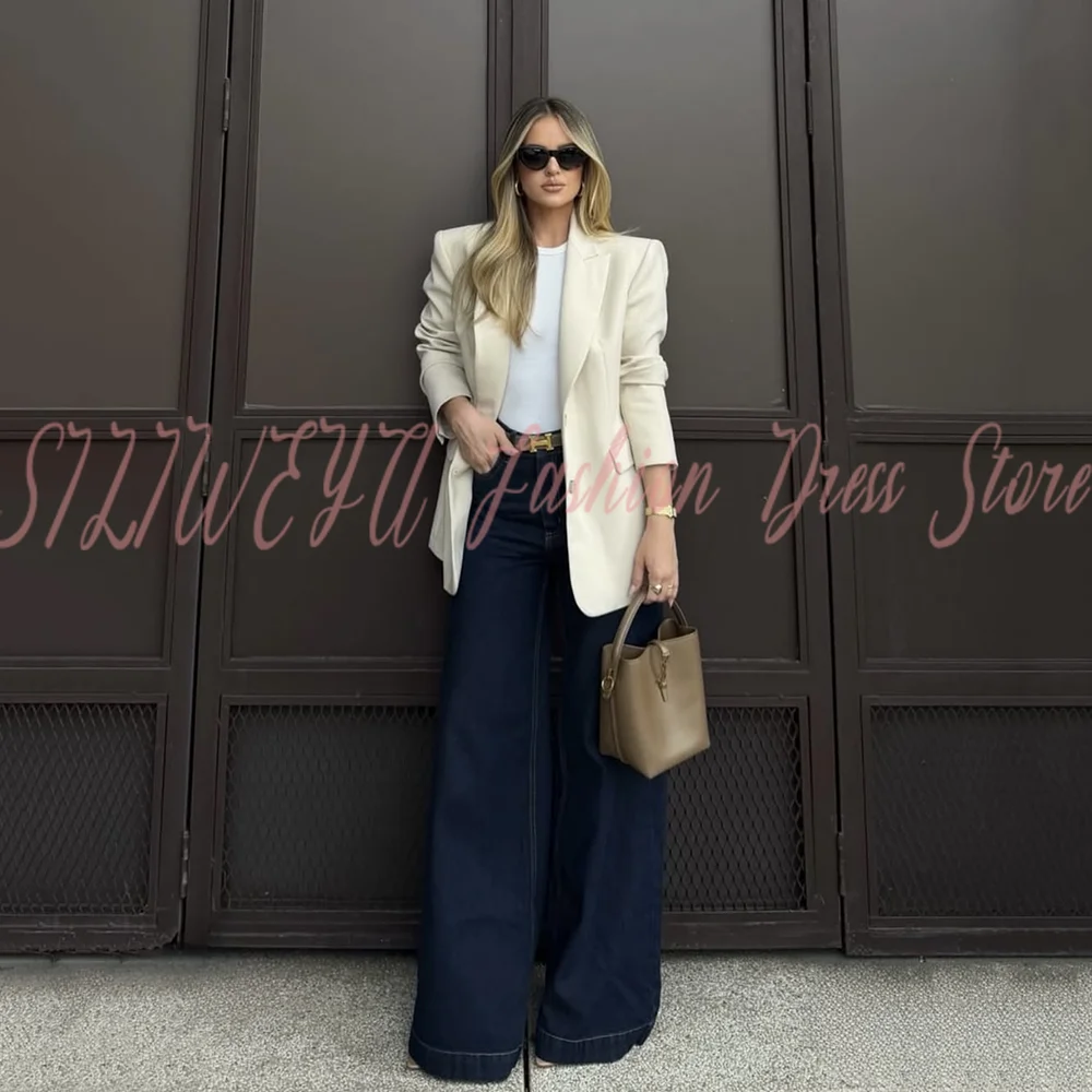 Elegant Women's 2 Piece Suit Set Casual Fahion Trousers Blazer+Denim Wide Leg Pants for Office Business Formal Lady Chic Outfits