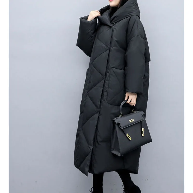 2024Winter New Women Down Jacket Fashion Loose Oversize Hooded Cotton Coat Long Black Back Split Parka Thick Warm Outwear Female