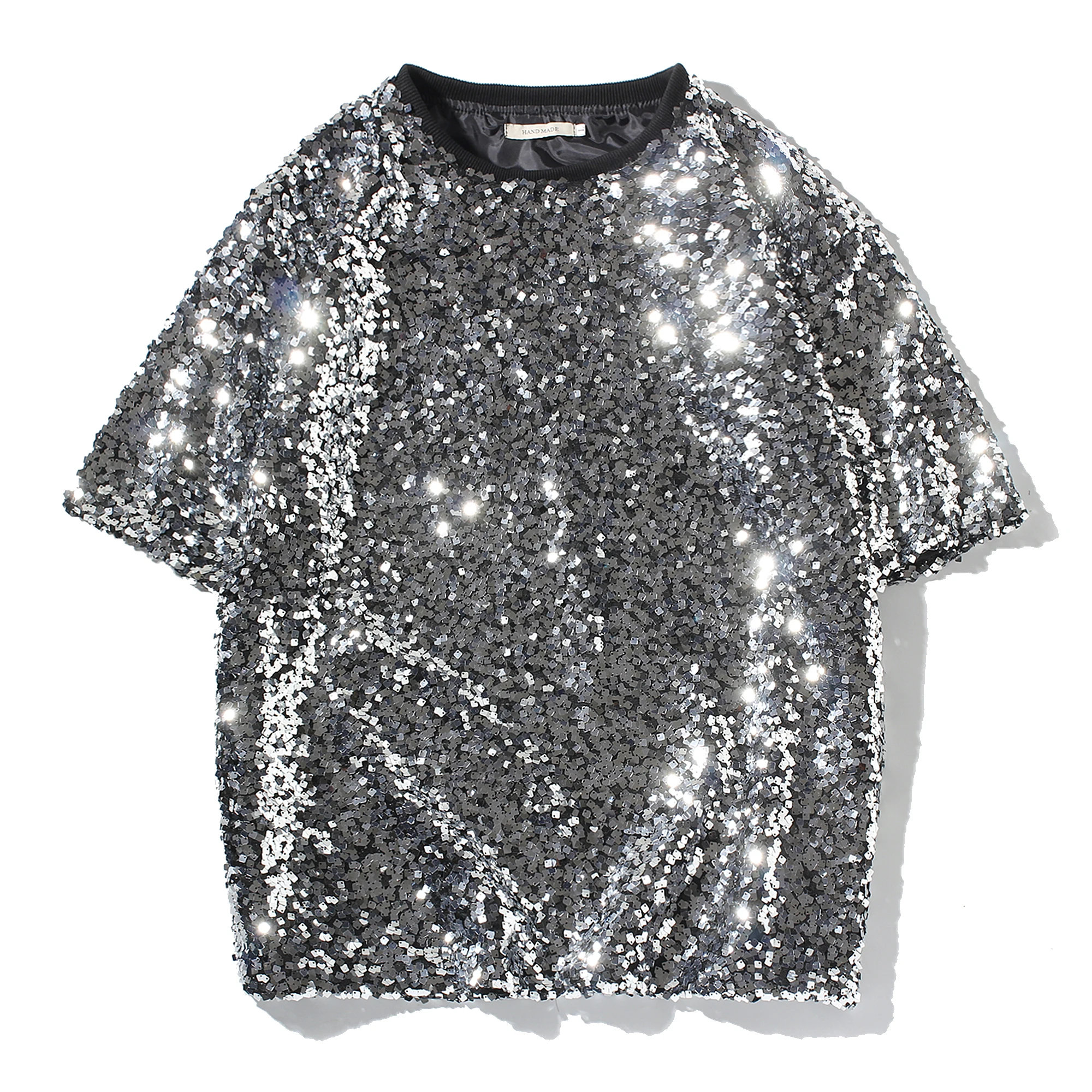 Mens Shiny Gold Sparkle Sequins 1970s Disco Party Club Costume T Shirt Short Sleeve Glitter T-shirt Hip Hop Streetwear Camiseta