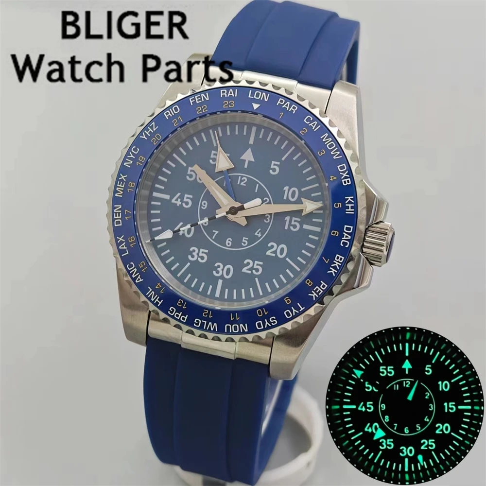 Bliger-男性用サファイアガラス付き機械式時計,緑色の発光ラバーストラップ,ソリッドエンドリンク,グライドクラスプ,防水,40mm,nh34a