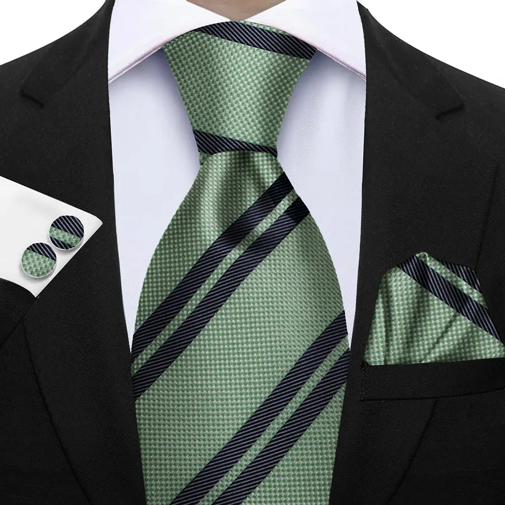 Ties For Men Fashion Sage Green Men Tie Set Striped Necktie Handchief Cufflinks 3 Pcs Business Wedding Suit Accessories Gift