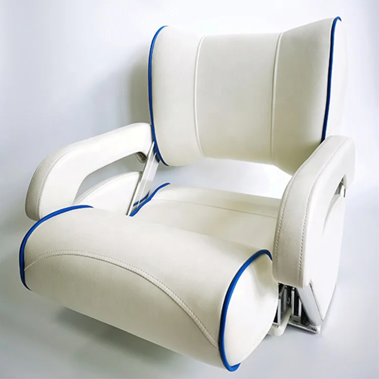 Wholesale Foldable Pontoon Boat Captain's Seat Barrel Rudder Yacht Deck Chair Accessories Marine Supplies White + Blue ABS/PU