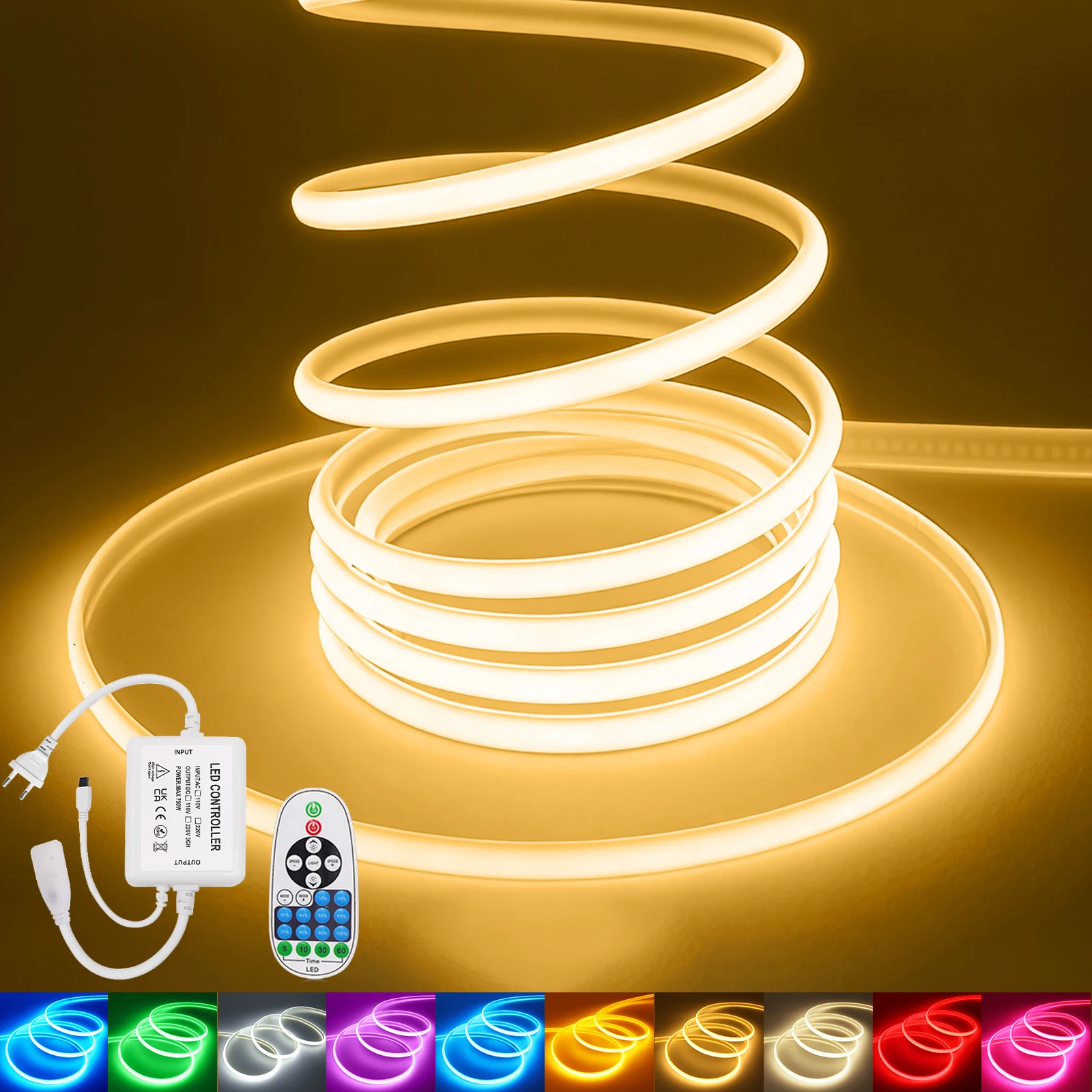 

220 В COB Светодиодная неоновая лента с регулируемой яркостью 23 клавиши Дистанционный комплект питания ЕС Красный Зеленый Синий Желтый Розовый Теплый Белый IP67 288LED Гибкая лампа