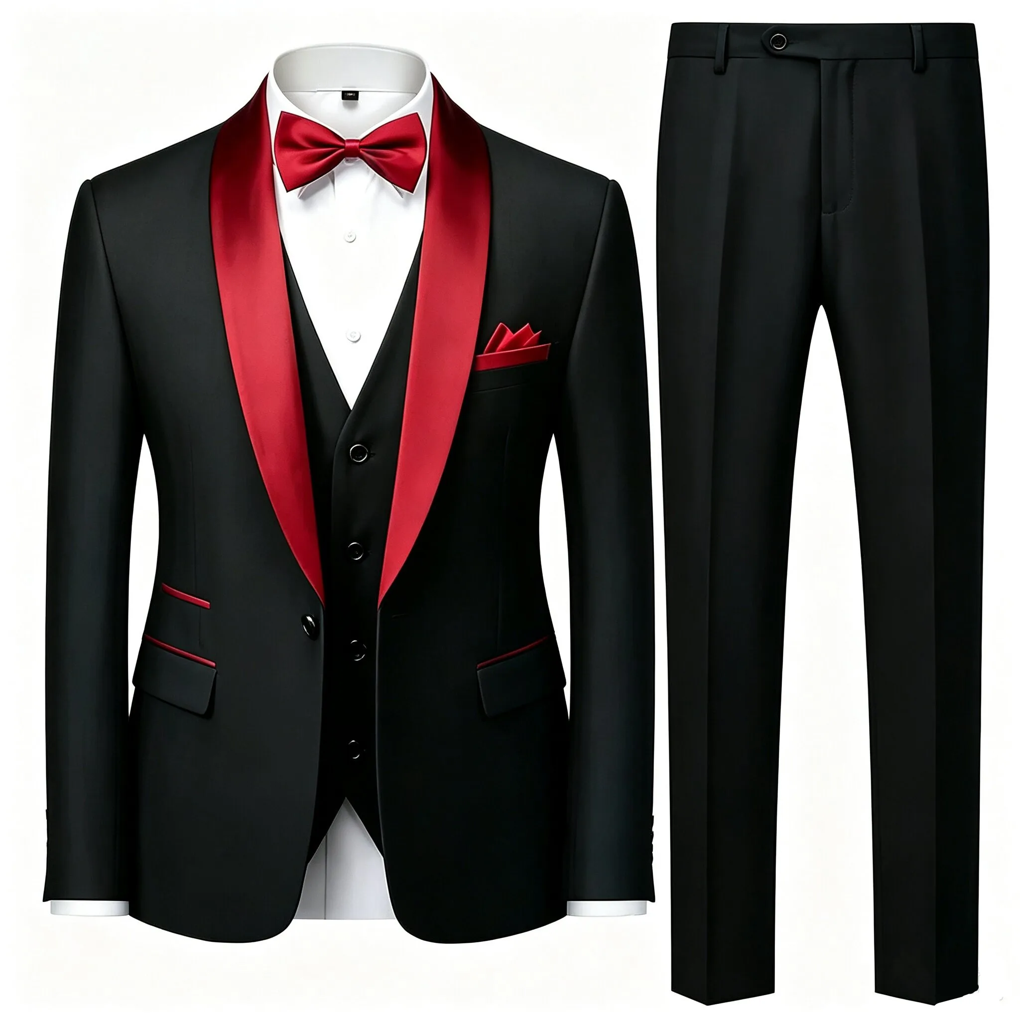Men's 3 Piece Tuxedo Suit Set One Button Satin Shawl Lapel Slim Fit Blazer Vest Pants For Formal Business Wedding Groom
