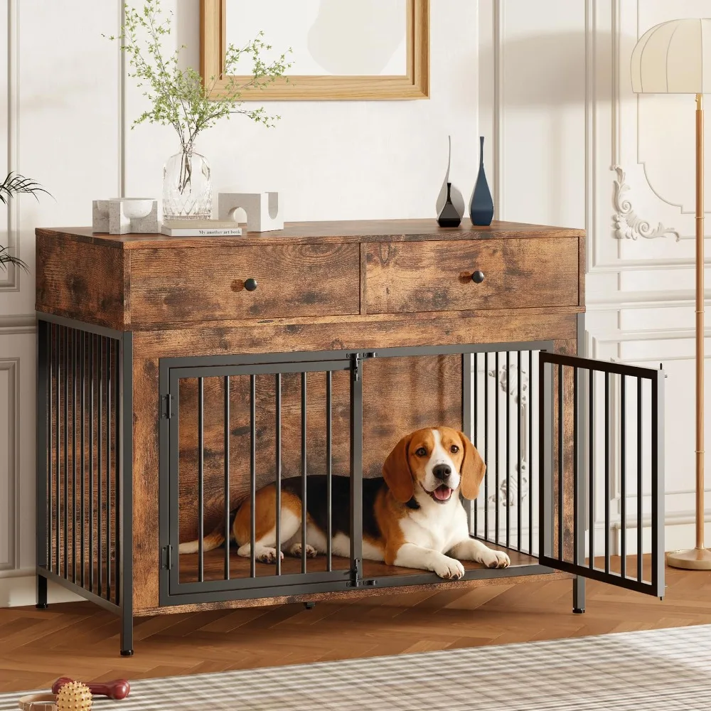 44 Inch Dog Crate Furniture with Storage Drawers | Wooden Heavy Duty Dog Kennel Indoor as End Table, Brown Cage House