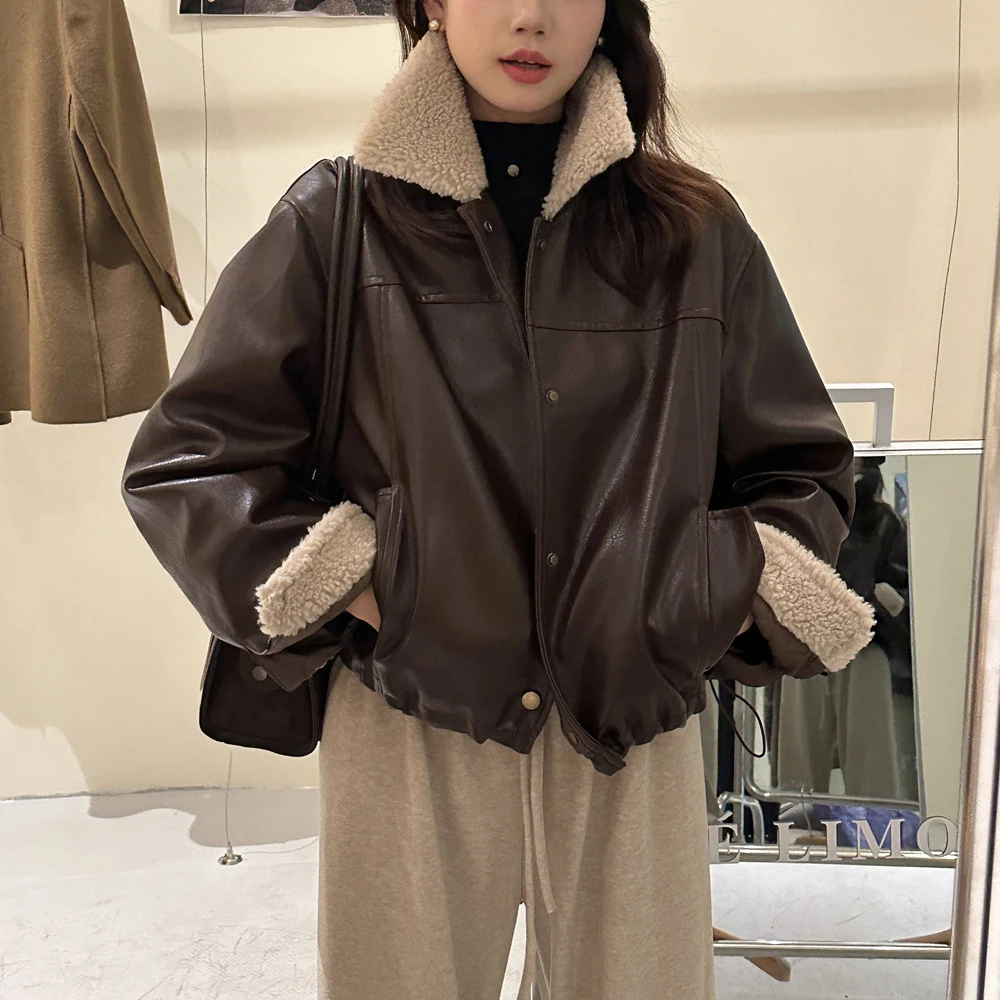 2024ผู้หญิงฤดูหนาวWarm Coat FurryเปิดลงปกหนาPUหนังเสื้อหลวมเสื้อแจ็คเก็ตสไตล์ผู้หญิงเสื้อCasaco Feminino