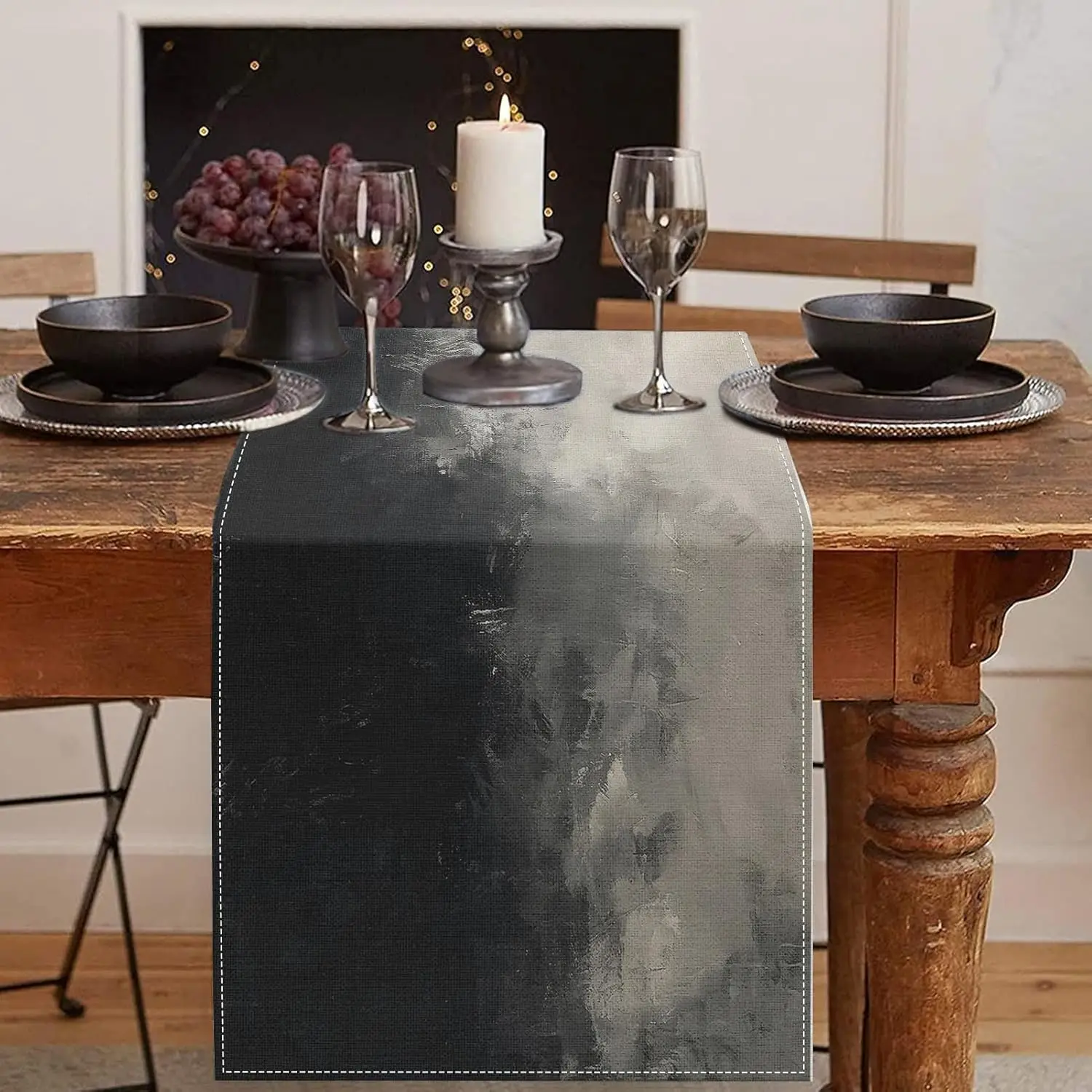 Modern Black White Table Runner - Abstract Oil Painting Monochrome Expressionist Art Cover for Dining Table