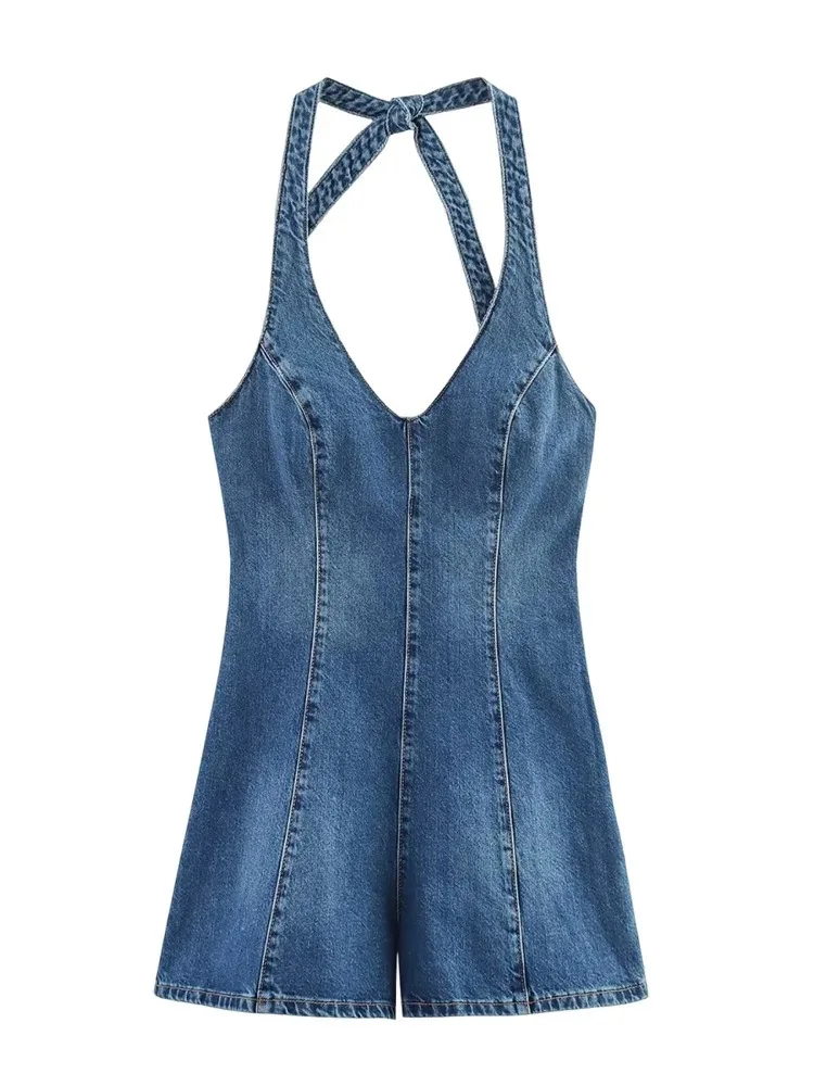 Donna Sexy Hanging Neck Backless Denim One-piece Shorts Estate Nuovo Y2K Waisted Slim High Street V-Neck One-piece Pants