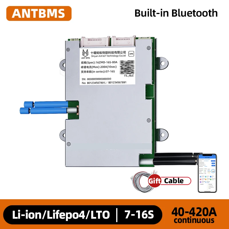 

Smart ANT wifi BMS 7S-16S 40A-420A 13S 14S 15S 48V 52V LiFePO4 Li-ion LTO Scooter Battery BMS 80A 130A Bluetooth APP Monitor