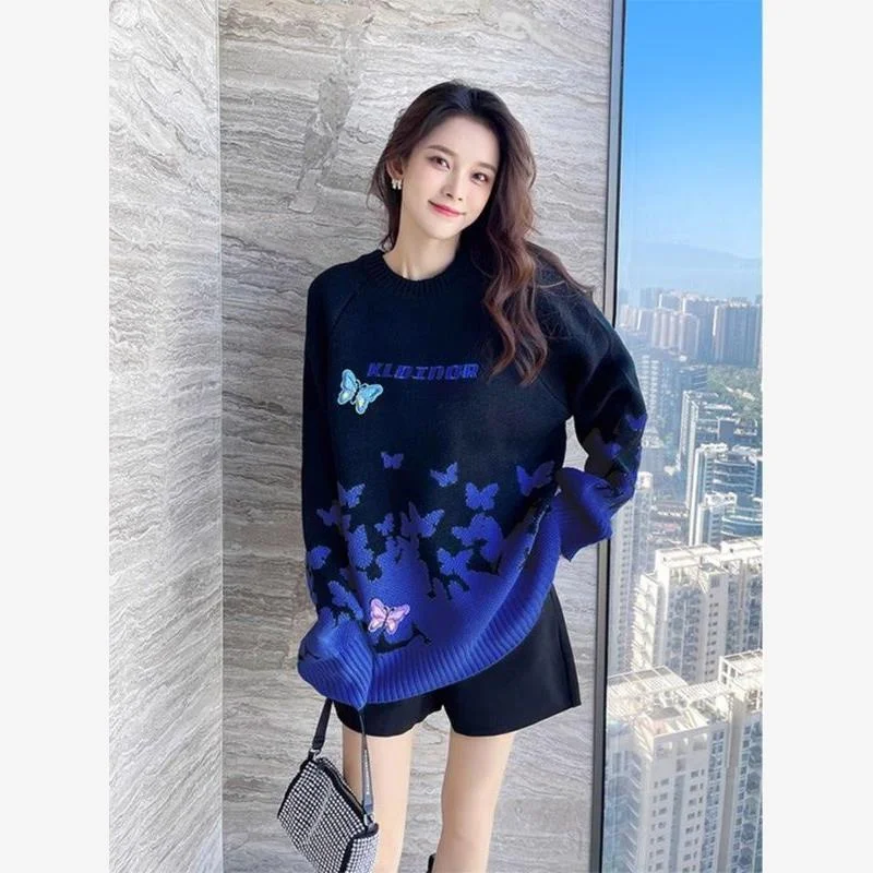 

Вязаный свитер Dalong, женский осенне-зимний длинный свек, круглый, обычный, тонкий, без ворса, свитер средней длины