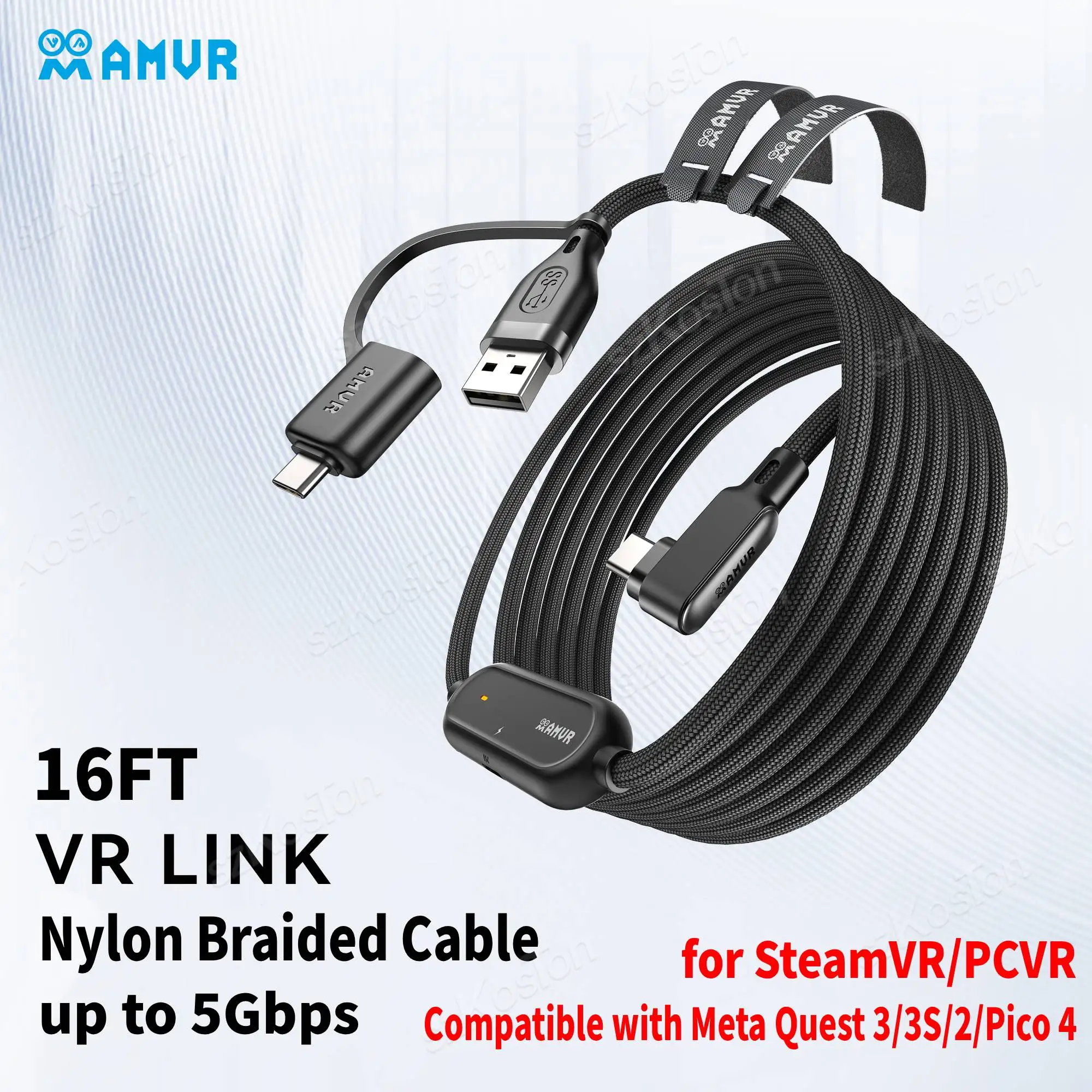 

Кабель AMVR 36W VR Link с портами USB-A и USB-C для быстрой зарядки и передачи данных для VR-гарнитур Meta Quest 3/3S/Quest2, аксессуары для Pico4