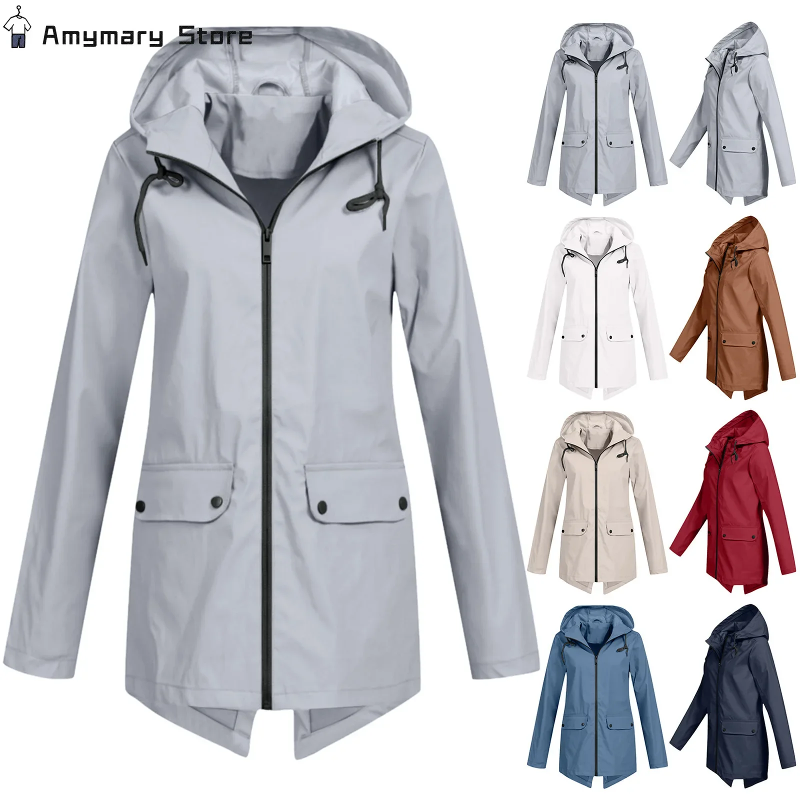 2024 New Women Jacket Solid Color Windproof Waterproof Hooded Coat Outdoor Hiking Clothes Outerwear Women's Lightweight Raincoat