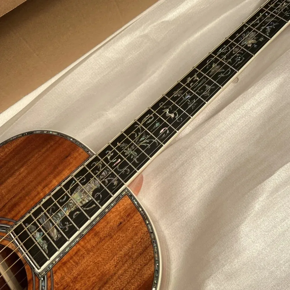 Dark Koa Brown 6 String 00045 Acoustic Guitar Solid Koa Wood Body  Exquisite Shell Inlay Gloss Finish Hand Polished Great for Fingerstyle and Collection
