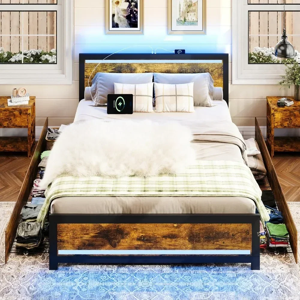 Queen Size Bed Frame with Storage Drawers, LED Queen Bed Frame with Headboard and Storage and USB Charging, Metal Platform Bed