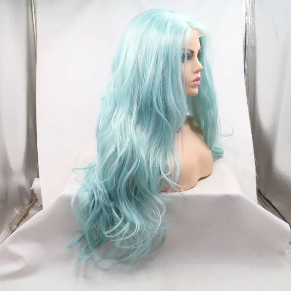 Wig rambut sintetis bahan baku 13*1 Wig renda kecil tubuh panjang gelombang Mint hijau dengan tahan panas untuk wanita Cosplay