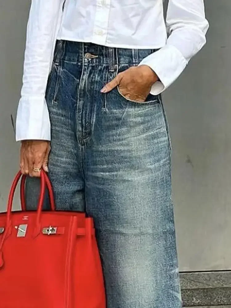 Gymystars calças jeans femininas outono 2024 verão americano retro perna larga bolsos soltos calças de cintura alta para o sexo feminino