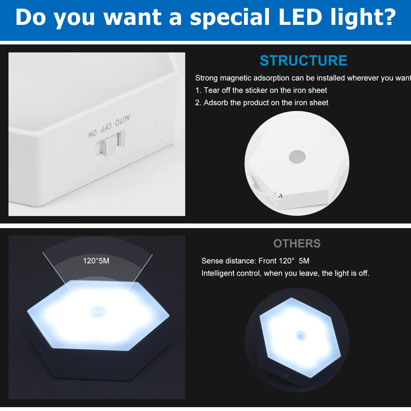 

1Pcs Human Body Induction Hexagonal Light LED Sense Lamp Rechargeable Night Light Home Decoration Portable Desktop Lamp