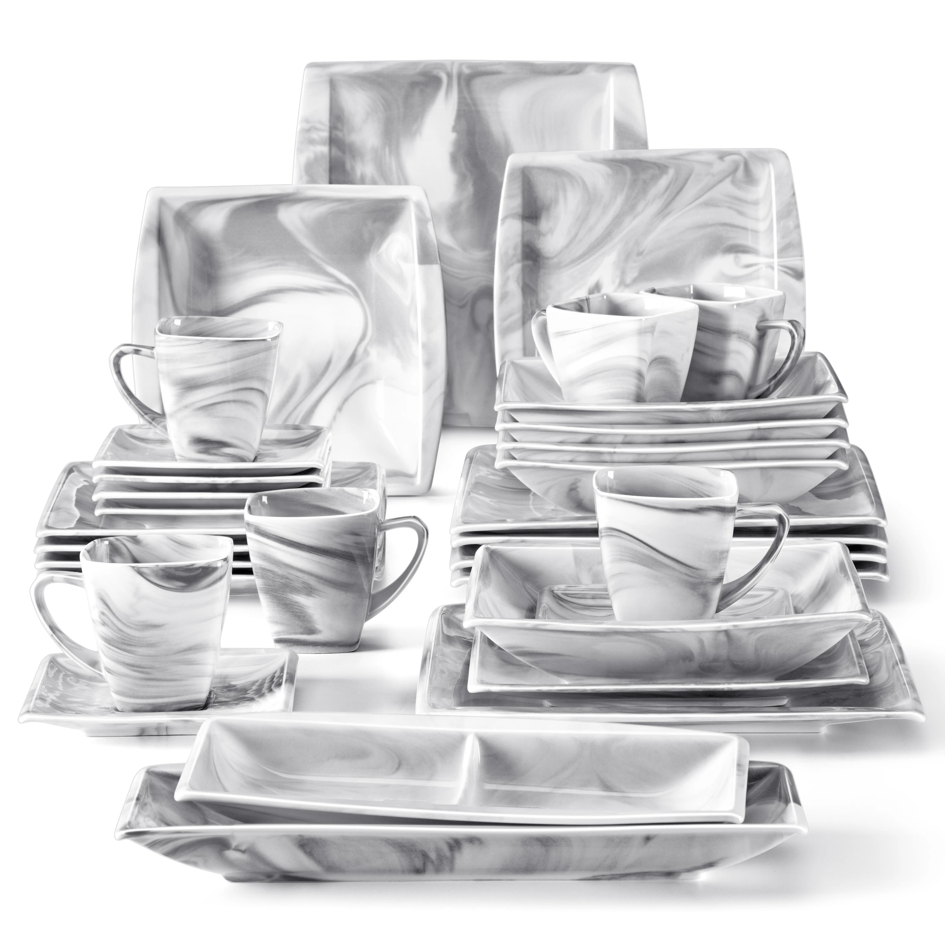 

MALACASA Blance 32 Piece Marble Grey Porcelain Dinnerware Set with 6*Cups/Saucers/Dessert/Soup/Dinner Plates&1*Dish/Rectangular