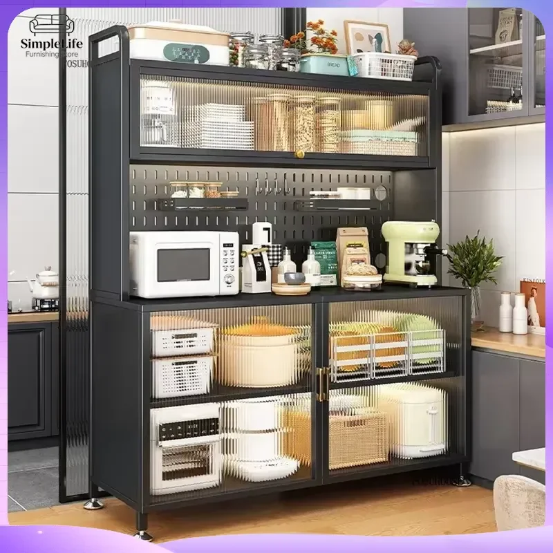 Floor Standing Kitchen Cabinet with Doors Carbon Steel Storage Organizer for Utensils Cookware and Tableware Space Saving