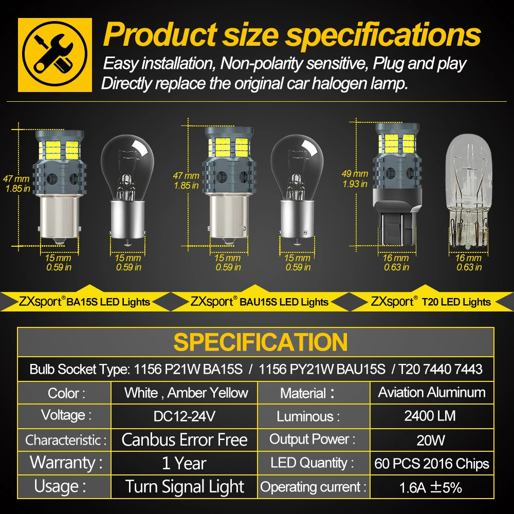 2x Led أضواء P21W لا هايبر فلاش 1156 BA15S BAU15S PY21W T20 7440 لمبة سيارة ضبط Canbus بدوره مصباح إشارة العنبر خطأ المصابيح الحرة