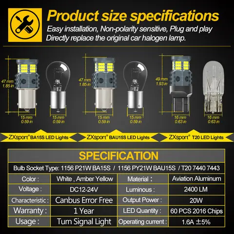 2x LED-lampor P21W utan hyperblinkning 1156 BA15S BAU15S PY21W T20 7440-lampa för biltrimning Canbus-blinkerslampa, bärnstensfärgade felfria lysdioder 10 best sales LED T25 - №6