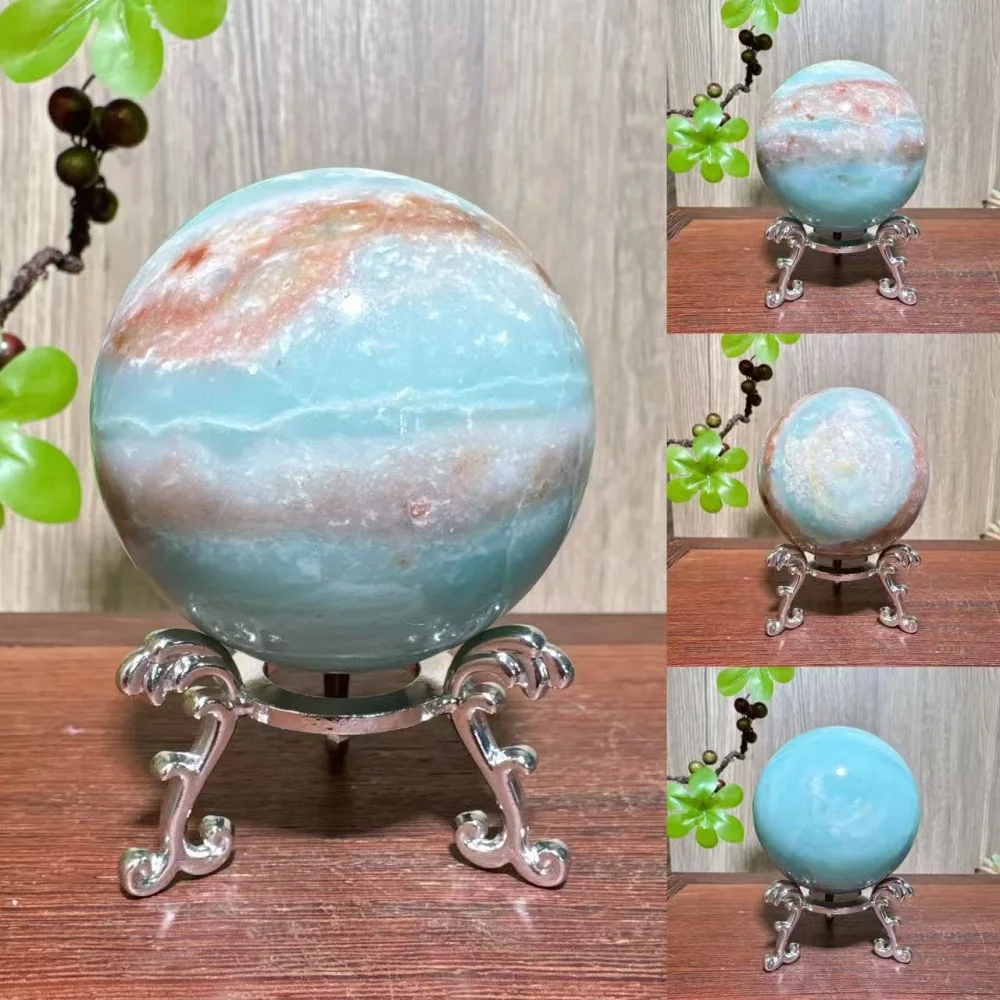 1PC Unique Natural Blue Carribean Calcite Spheres Sky Blue Stone Healing Crystal Reiki Energy Home Scene Decorations Gifts+Stand - view 3