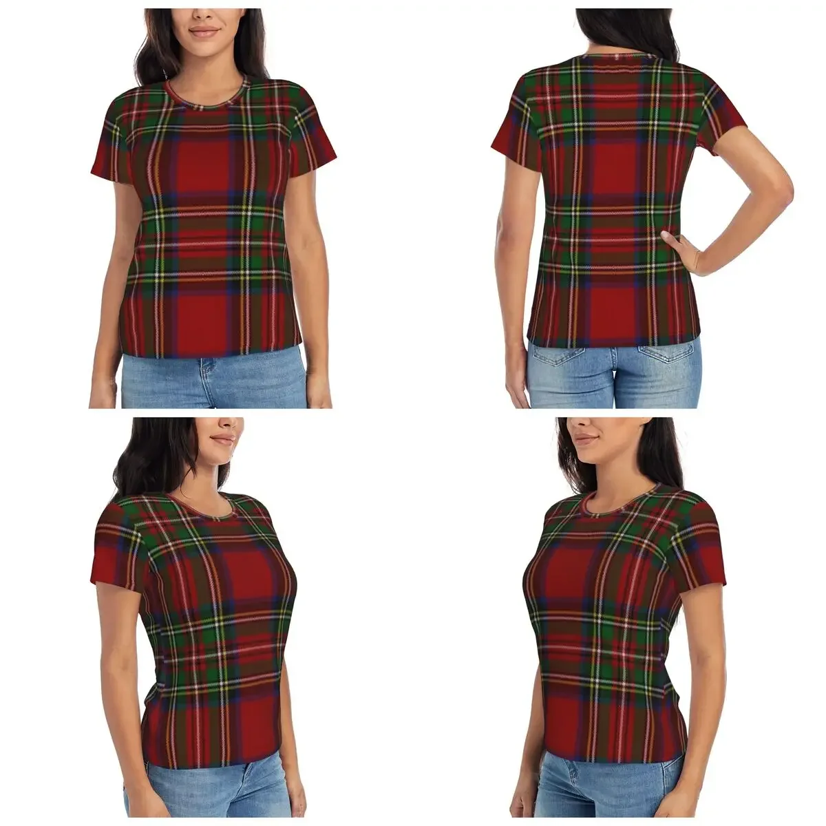 Royal Stewart Red Tartan T-Shirt Women Short Sleeve T Shirts Round Neck Streetwear Cotton Summer Tees Streetwear