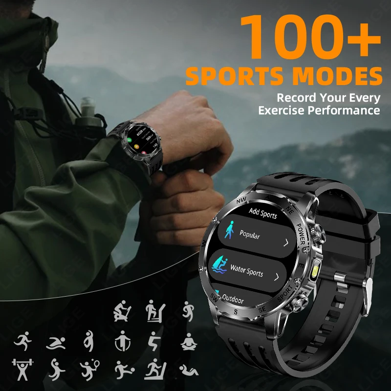 LIGE Новые мужские умные часы с супер емкостью 800 мАч, 1,53 дюйма, HD, Bluetooth, компас, светодиодный фонарик, IP68, спортивные умные часы для мужчин