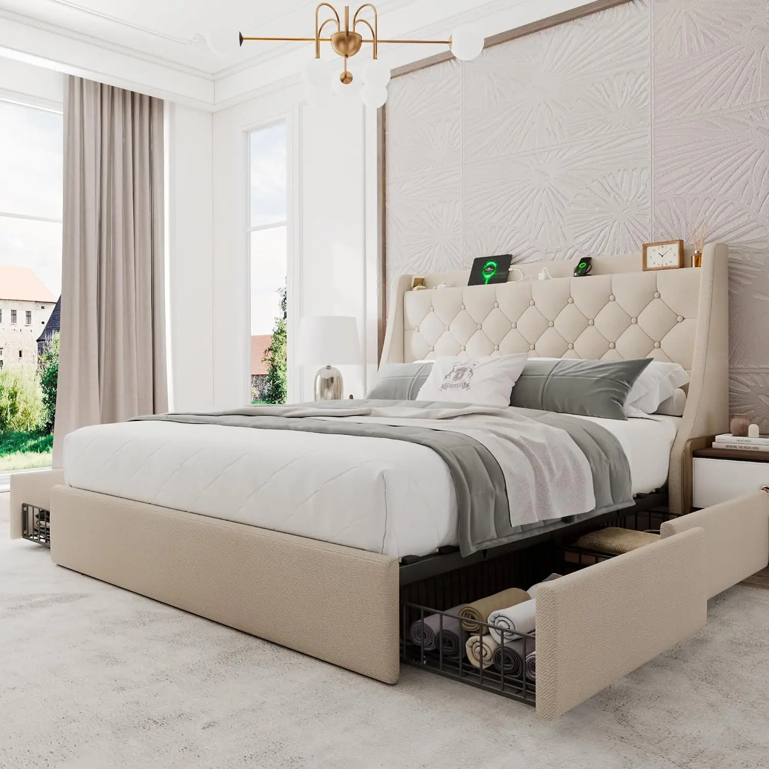 Upholstered Full Size Platform Bed With Wingback Headboard, 4 Storage Drawers & Charging Station, Customized
