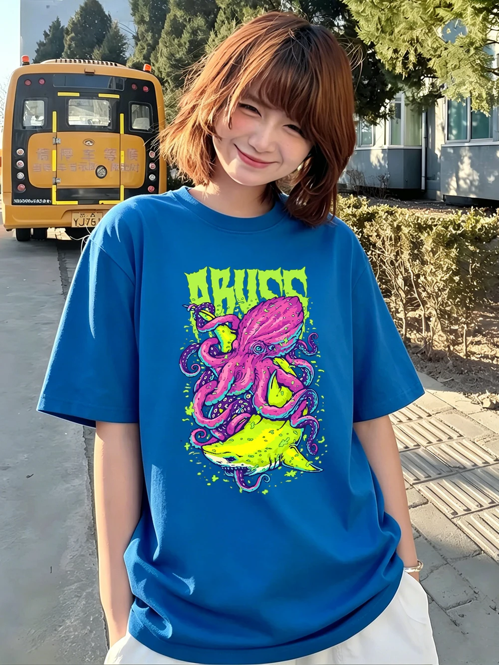 Abuzz Lila Tintenfisch Bedruckte T-Shirts Baumwolle Damen Sommer Kurzarm T-Shirts Weiche Basic Oversized Tops Lässige O-Neck Kleidung – Detail 28