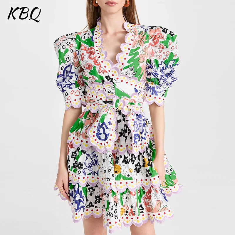 

KBQ Printing Slimming Mini Dresses For Women V Neck Puff Sleeve High Waist Patchwork Lace Up Casual A Line Dress Female Style