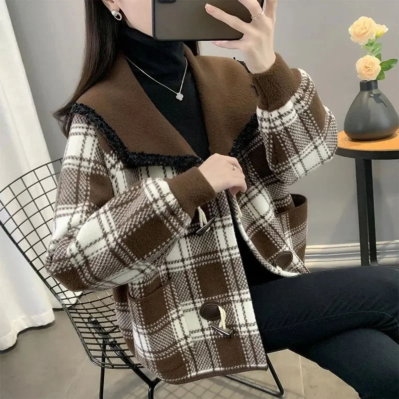 2024 New Autumn Winter Woolen Coat Woman Short Small Fragrant Plaid Cardigan Double-sided Woolen Coat With Horn Buckle Outside