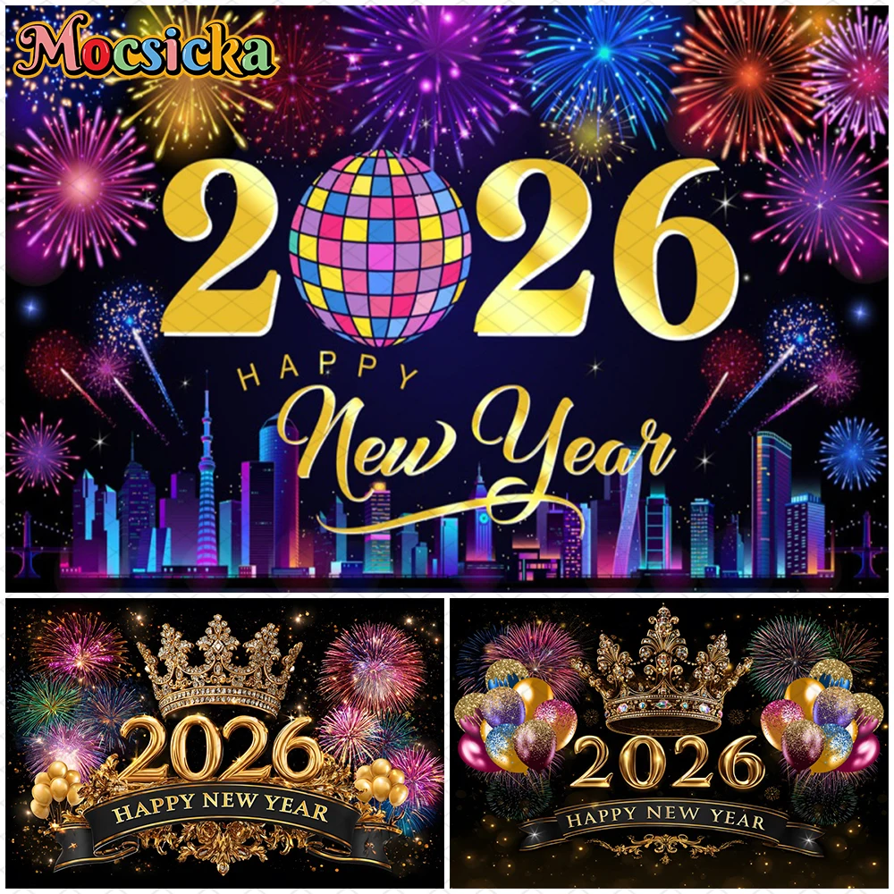 

Mocsicka 2026 Happy New Year Photography Backdrop Crown Balloons Festival Celebration Decorations Photo Background Studio Banner