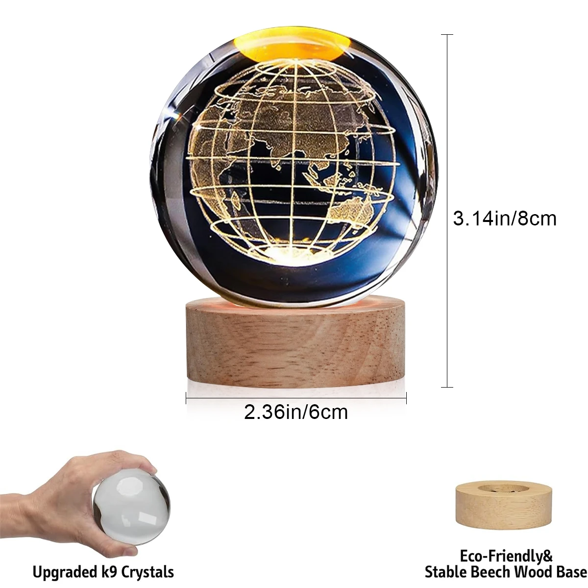 Creative 3D LED Crystal ball Wooden base USB port Bedroom nightlight Sleep light Decorative light Boy girl birthday gift