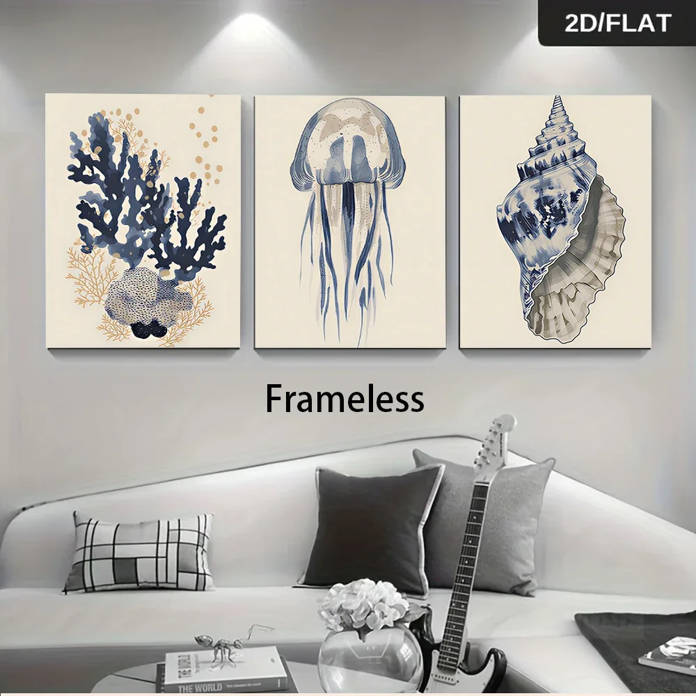 Multiple sizes 3pc frameless Canvas Painting three frameless decorative paintings featuring marine life, including coral, jellyf