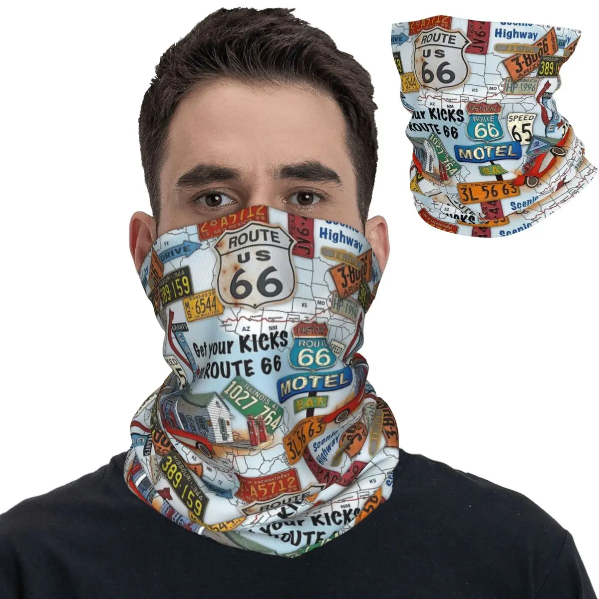 

Route 66 Automobile Road Map Bandana Neck Cover Printed Balaclavas Wrap Scarf Warm Headwear Running Men Women Adult Windproof